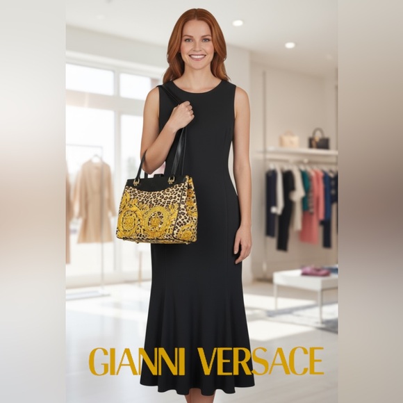 Gianni Versace Baroque Sunburst Leopard Print Tote Shoulder Bag EUC! - Picture 1 of 15